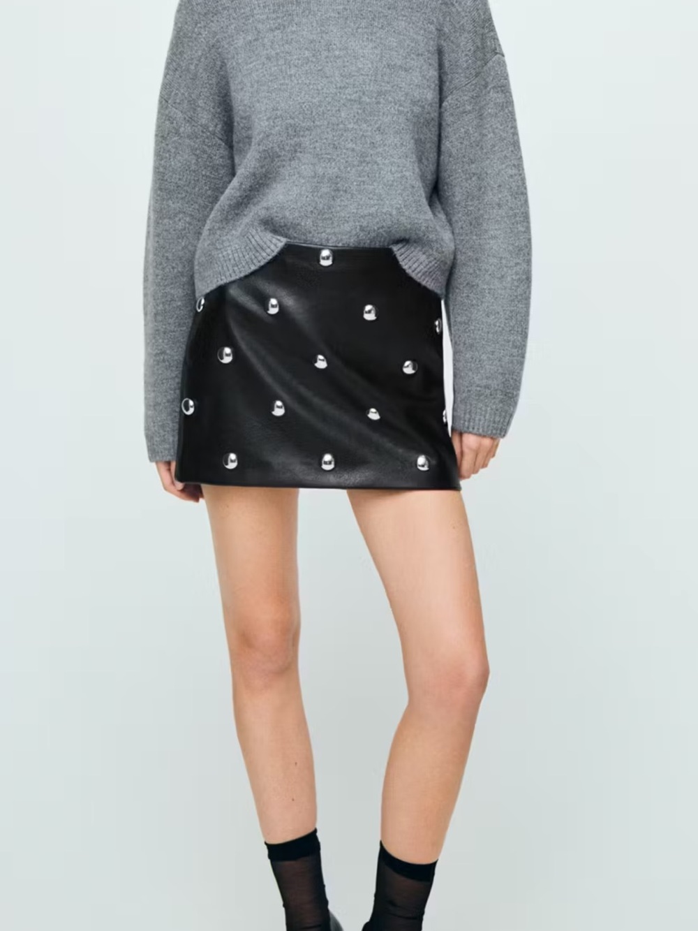 MANGO Black Faux Leather Mini Skirt with Silver Studs